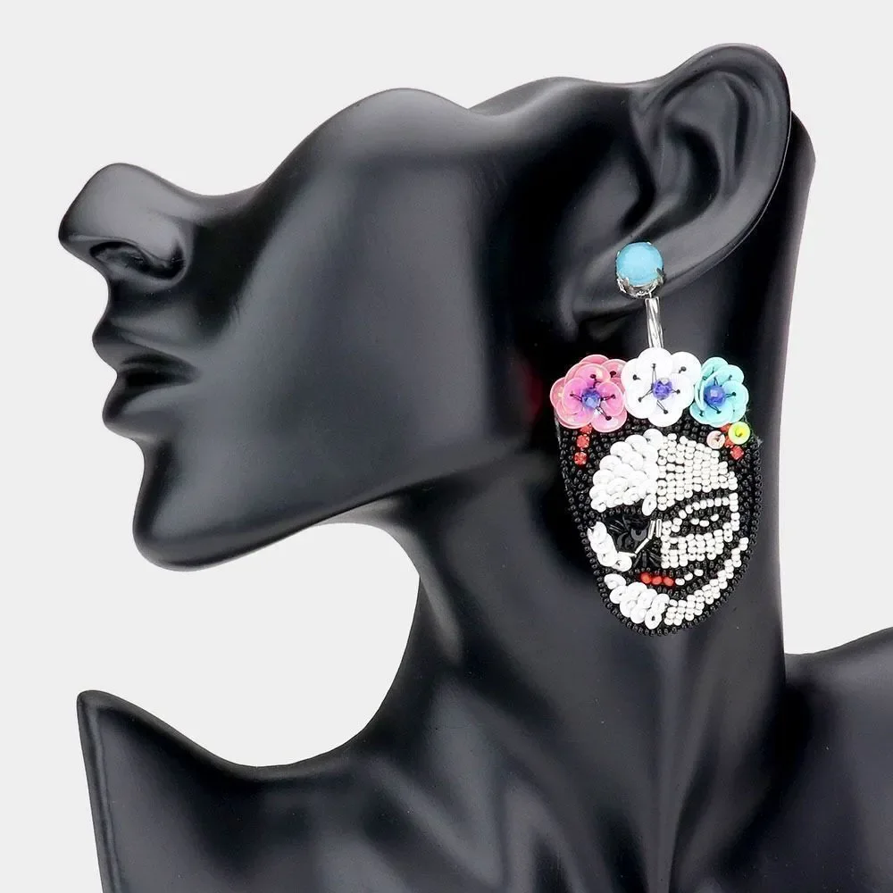 New Womens Boutique Triple Flower Sequin Seed Beaded Skull Frida Dangle Earrings